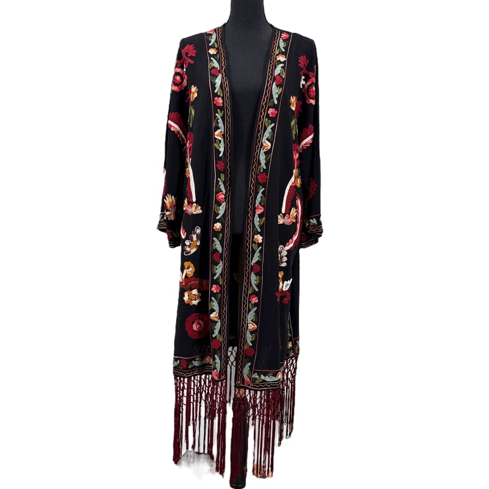 Zara Womens Black Embroidered Kimono Duster Cardigan Fringe Boho Festival M L - Picture 2 of 9